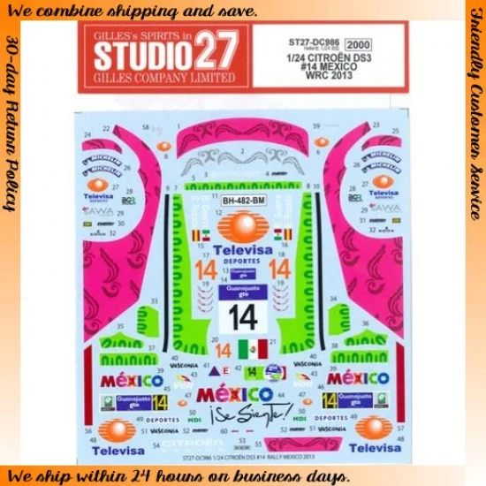Studio27 DC986 1/24 Citroen DS3 #14 Mexico WRC 2013 Decals for Heller kit - Model Cars