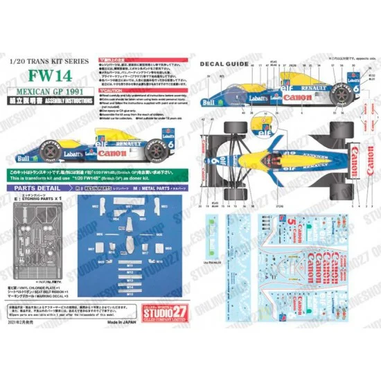 Studio27 TK2078 1/20 FW14 Mexican GP 1991 Conversion set for Fujimi kits - Model Cars