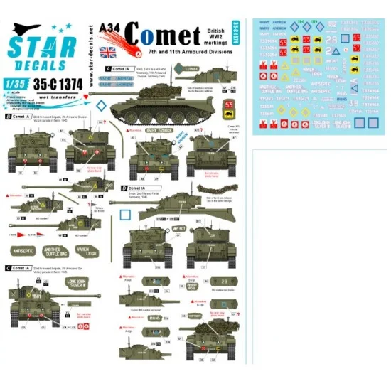 Star Decals 35-C1374 Decals for 1/35 A34 Comet. WWII British markings. 7th and 1th Armoured Divisions