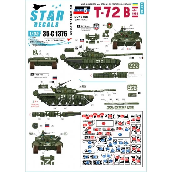 Star Decals 35-C1376 Decals for 1/35 War in Ukraine # 5. T-72B (1986) from the Donetsk Republic, in 2022