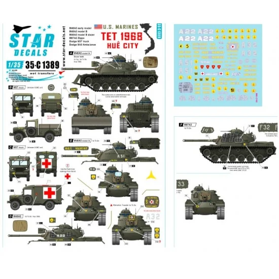 Star Decals 35-C1389 Decals for 1/35 Tet 1968 - Hue City. USMC M48, M67, Dodge M37 and M43 ambulance.