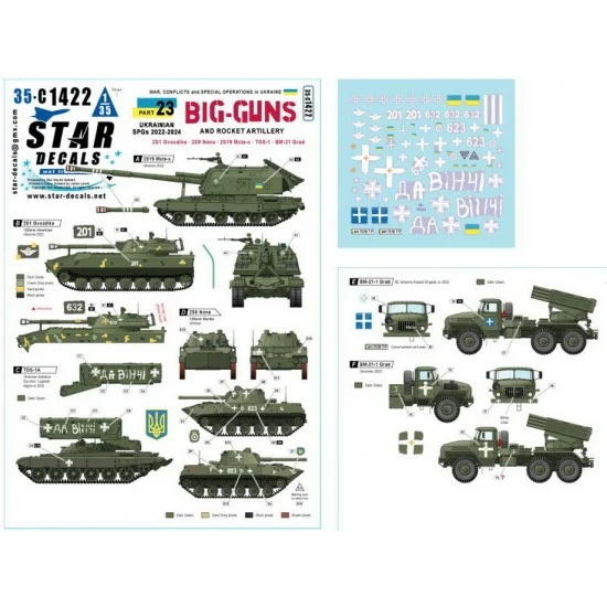 Star Decals 35-C1422 1/35 Ukrainian 2S1, 2S9 Nona, 2S19 Msta-s, TOS-1, BM-21 Grad (War in Ukraine #23 Decal)