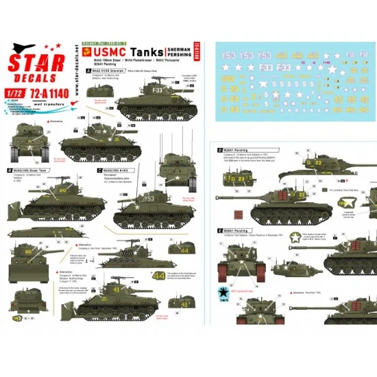 Star Decals 72-A1140 Decals for 1/72 Korean War # 1. USMC Sherman, Pershing. M4A3 105mm Dozer, M4A3, M26A1