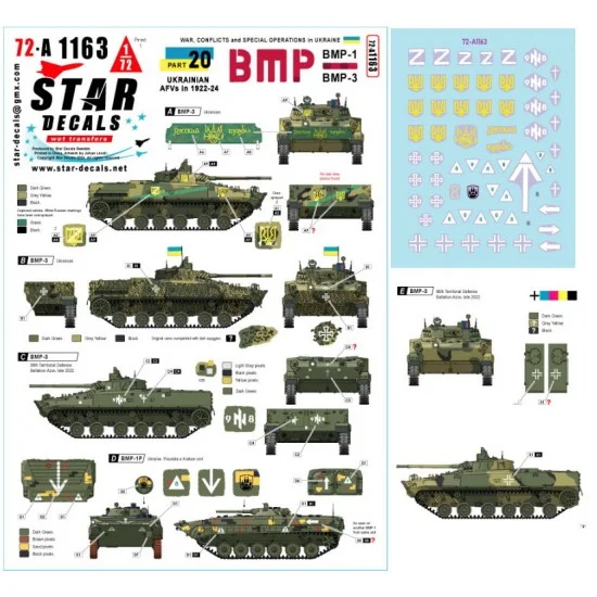 Star Decals 72-A1163 1/72 Ukrainian BMP-1 and BMP-3 in 2022-24 (War in Ukraine #20 Decal)