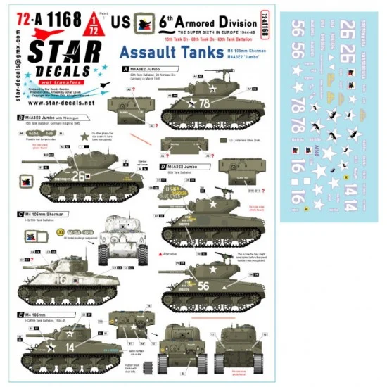 Star Decals 72-A1168 1/72 US Assault Tanks. M4 105mm, M4A3E2 Jumbo, 6th Armoured Division #2 Decal