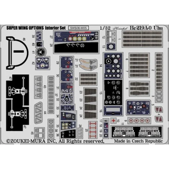 Zoukei Mura SWS06-M06 1/32 Heinkel He 219 A-0 UHU Interior Detail-up Set (1 Photo-Etched Sheet)