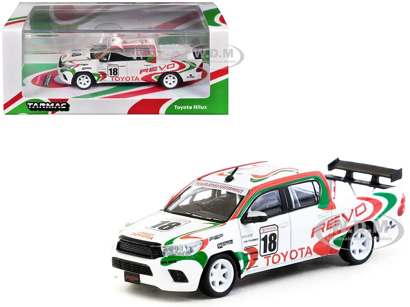 Toyota Hilux Pickup Truck RHD (Right Hand Drive) #18 White with Red and Green Graphics "Hobby64" Series 1/64 Diecast Model Car by Tarmac Works - Toyota Models