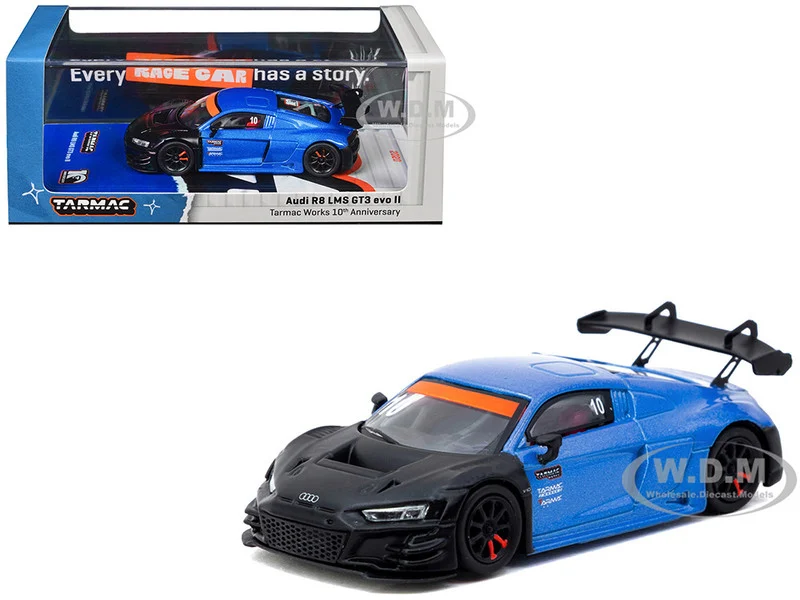 Audi R8 LMS GT3 evo II #10 "Tarmac Works 10th Anniversary" Blue Metallic and Matt Black "Hobby64" Series 1/64 Diecast Model Car by Tarmac Works - Audi Models