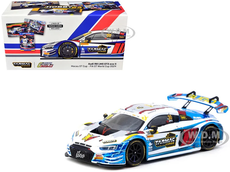 Audi R8 LMS GT3 evo II #30 James Yu "Uno Racing Team" "Macau GT Cup - FIA GT World Cup" (2024) with Plastic Transporter Packaging and Collectible Tarmac Cards "Hobby64" Series 1/64 Diecast Model Car by Tarmac Works