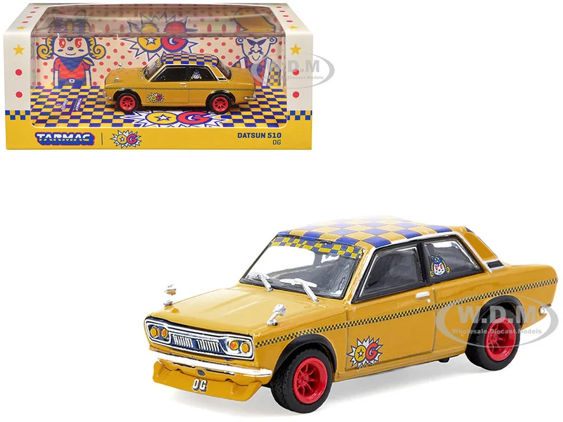 Datsun 510 "OG Beer" Yellow with Checkered Top "Hobby64" Series 1/64 Diecast Model Car by Tarmac Works - Datsun Models