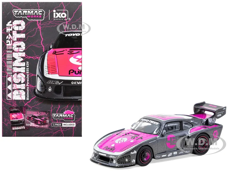 Porsche 935 K3V Bisimoto Gray Metallic with Pink Hood and Top with Tarmac Cards "Hobby64" Series 1/64 Diecast Model by Tarmac Works - Porsche Models