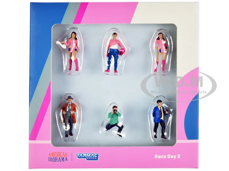 "Race Day 2" 6 piece Diecast Figure Set for 1/64 Scale Models by Tarmac Works & American Diorama - Accessories