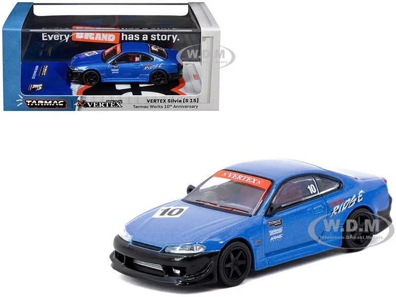 Nissan Vertex Silvia (S15) RHD (Right Hand Drive) #10 "Tarmac Works 10th Anniversary" Blue Metallic "Global64" Series 1/64 Diecast Model Car by Tarmac Works - Nissan Models