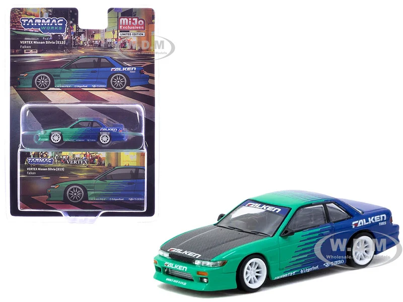 Nissan Silvia (S13) Vertex RHD (Right Hand Drive) "Falken Tires" Green and Blue wuth Carbon Hood "Global64" Series 1/64 Diecast Model by Tarmac Works - Nissan Models
