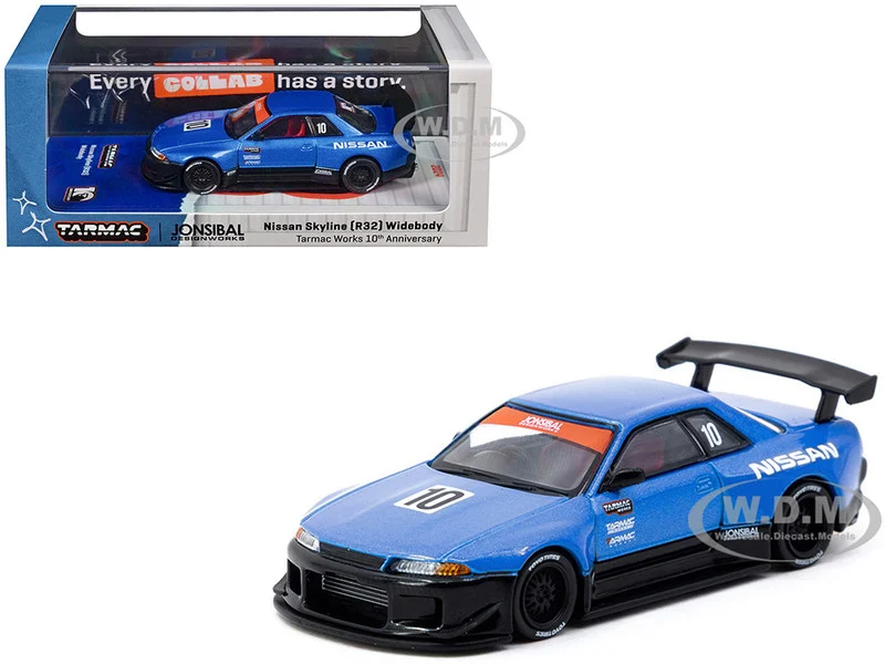 Nissan Skyline (R32) Widebody RHD (Right Hand Drive) #10 "Tarmac Works 10th Anniversary" Blue Metallic "Global64" Series 1/64 Diecast Model Car by Tarmac Works - Nissan Models