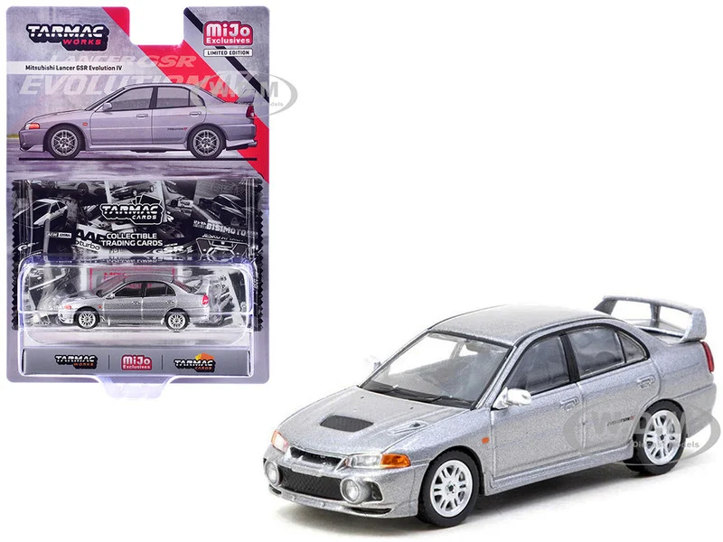 Mitsubishi Lancer Evolution IV Silver Metallic with Tarmac Cards "Global64" Series 1/64 Diecast Model by Tarmac Works - Mitsubishi Models