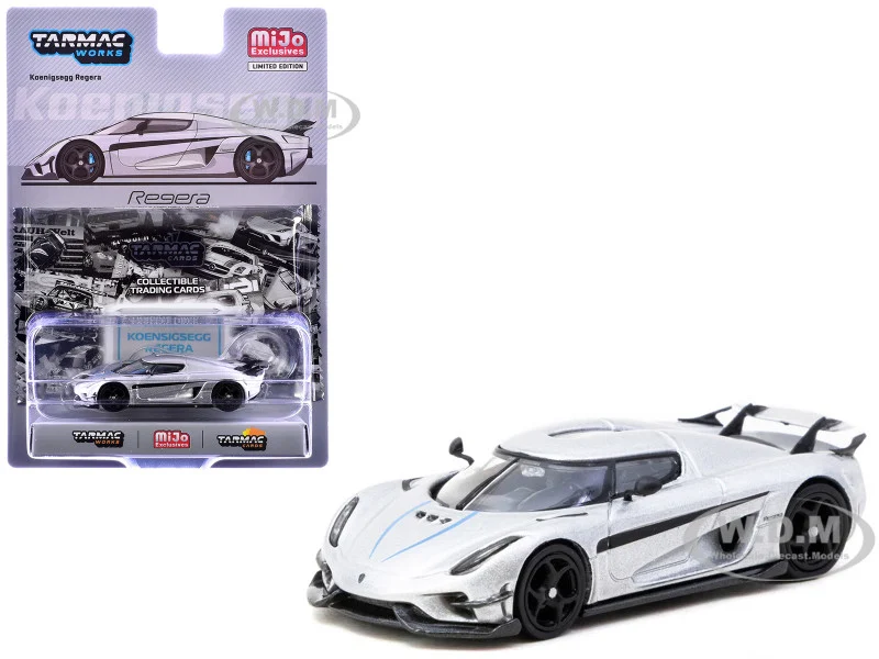 Koenigsegg Regera Silver Metallic with Blue Accents and Collectible Tarmac Cards "Global64" Series 1/64 Diecast Model by Tarmac Works - Koenigsegg Models