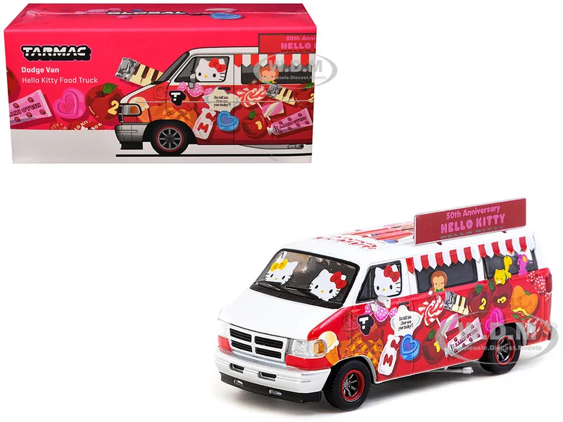 Dodge Van "Hello Kitty Food Truck" White and Red with Graphics "Global64" Series 1/64 Diecast Model by Tarmac Works - Dodge Models