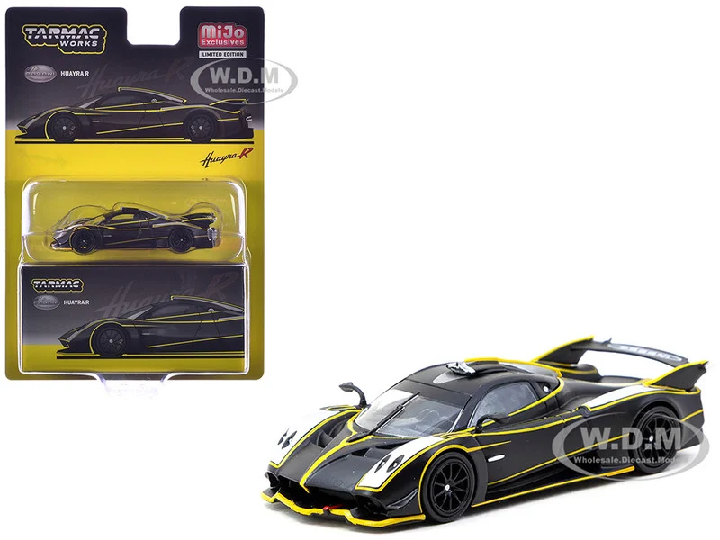 Pagani Huayra R Matt Black with Silver Accents and Yellow Stripes "Global64" Series 1/64 Diecast Model by Tarmac Works - Pagani Models