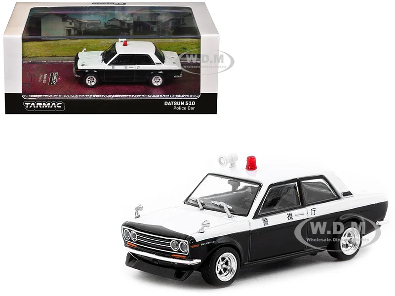 Datsun 510 "Japanese Police" Black and White "Road64" Series 1/64 Diecast Model Car by Tarmac Works - Datsun Models