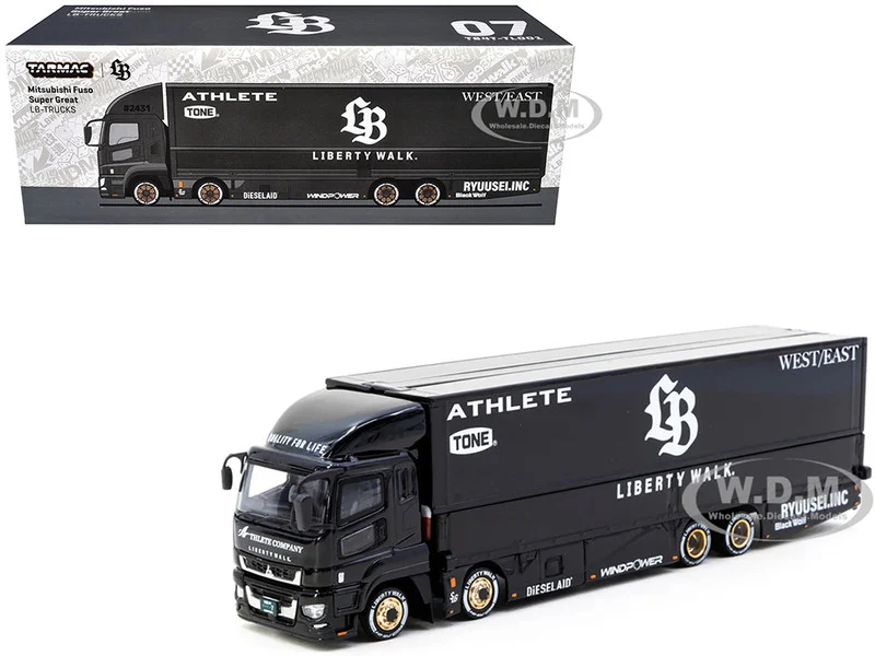 Mitsubishi Fuso Super Great Truck RHD (Right Hand Drive) with Transporter "Liberty Walk" Black "Truck64" Series 1/64 Diecast Model Car by Tarmac Works - Mitsubishi Models