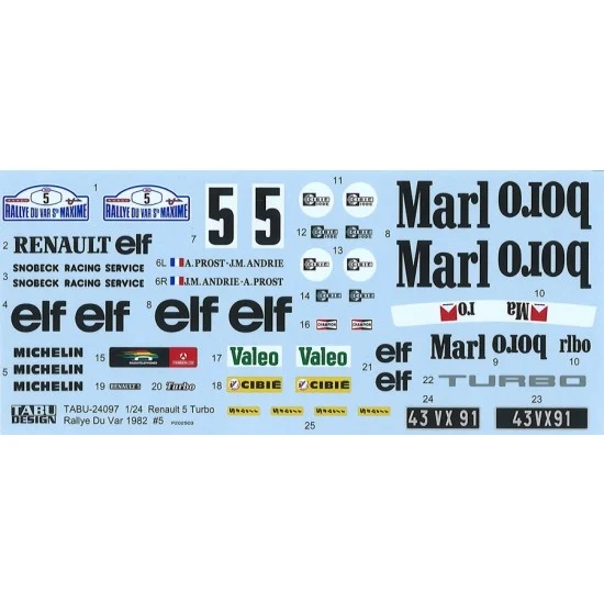 TABU Design 24097 1/24 5 Turbo #5 Rakkye Du Var (1982) Decal for Tamiya kit - Model Motorcycles