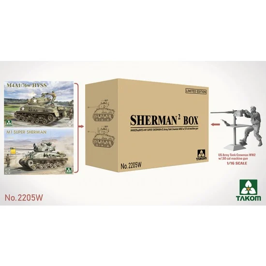 Takom 2205W 1/35 M4A1(76W) HVSS and M1 Super Sherman plus US Crewman with Machine Gun - Military Vehicles & Tanks