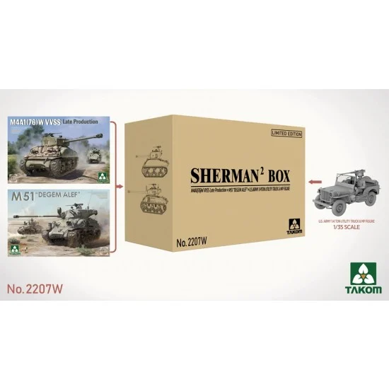 Takom 2207W 1/35 Sherman Box: M4A1(76)W VVSS Late, M51 DEGEM ALEF and 1/4t Utility Truck - Military Vehicles & Tanks