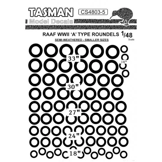 Tasman CS4803-5 Decals for 1/48 WWII RAAF A-Type Roundels #18" - 33"