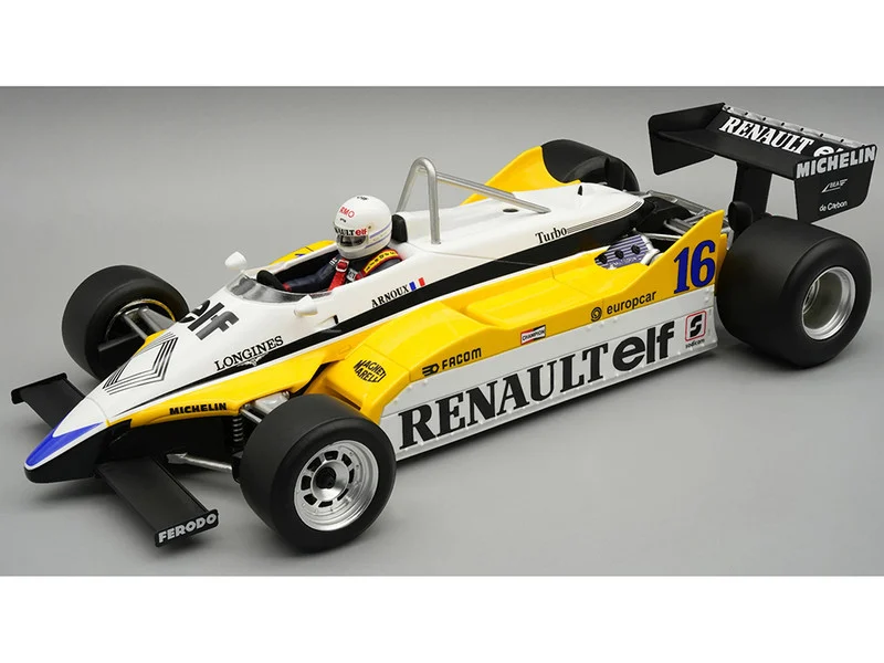 Renault RE30B #16 Rene Arnoux Winner Formula One F1 "French GP" (1982) "Mythos Series" with Driver Figure and Display Case Limited Edition to 55 pieces Worldwide 1/18 Model Car by Tecnomodel - Formula 1 Models