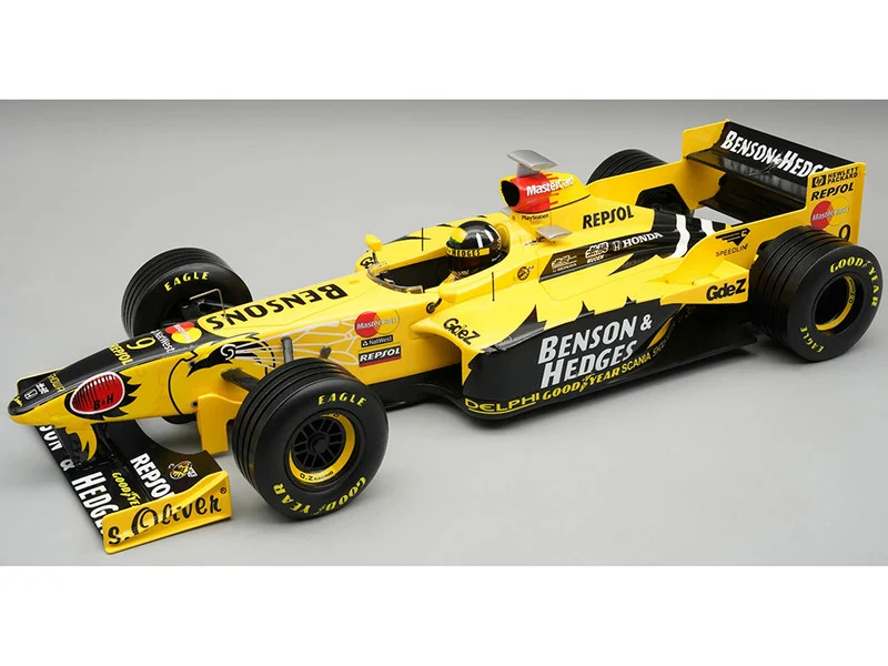 Jordan 198 #9 Damon Hill "Benson & Hedges Jordan-Honda" Winner Formula One F1 "Belgian GP" (1998) with Driver Figure and Display Case "Mythos Series" Limited Edition to 60 pieces Worldwide 1/18 Model Car by Tecnomodel