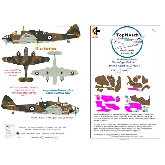 TopNotch 72-M031 1/72 RAF Bristol Beaufort Pat. A Type 1 Camo Masks