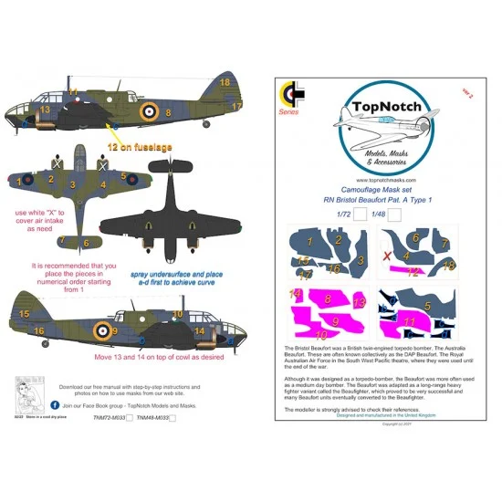 TopNotch 72-M033 1/72 RN Bristol Beaufort Pat. A Type 1 Camo Masks