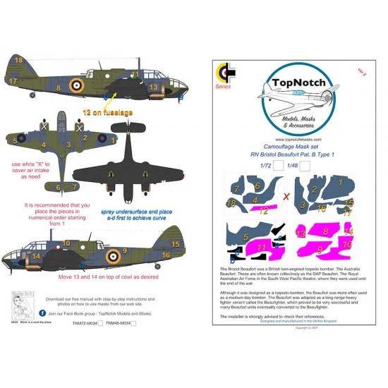 TopNotch 72-M034 1/72 RN Bristol Beaufort Pat. B Type 1 Camo Masks