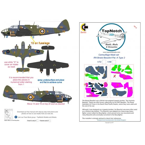 TopNotch 72-M037 1/72 RN Bristol Beaufort Pat. A Type 2 Camo Masks