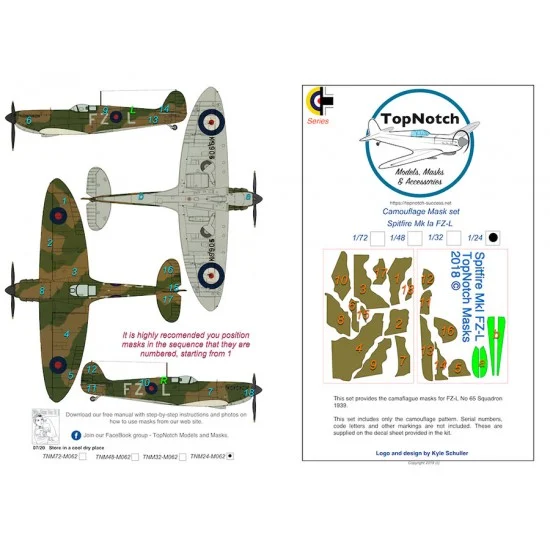 TopNotch 72-M062 1/72 Spitfire Mk1a - FZ-L Camo Masks