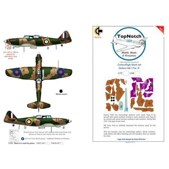TopNotch 72-M071 1/72 Boulton Paul Defiant Mk1 Pattern B Camo Masks