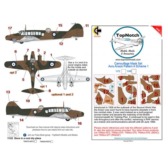 TopNotch 72-M072 1/72 Avro Anson Pattern A Scheme 1 Camo Masks