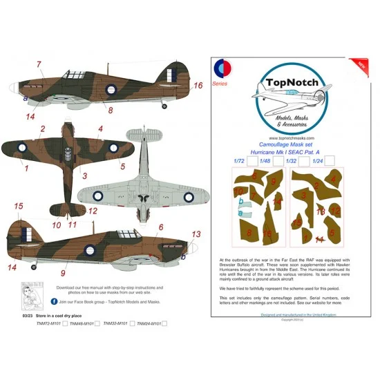TopNotch 48-M101 1/48 SEAC Hurricane Mk I Pattern A Camo Masks