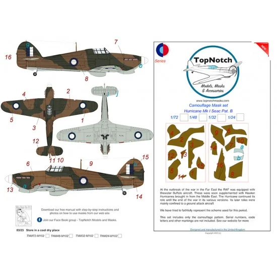 TopNotch 48-M102 1/48 SEAC Hurricane Mk I Pattern B Camo Masks