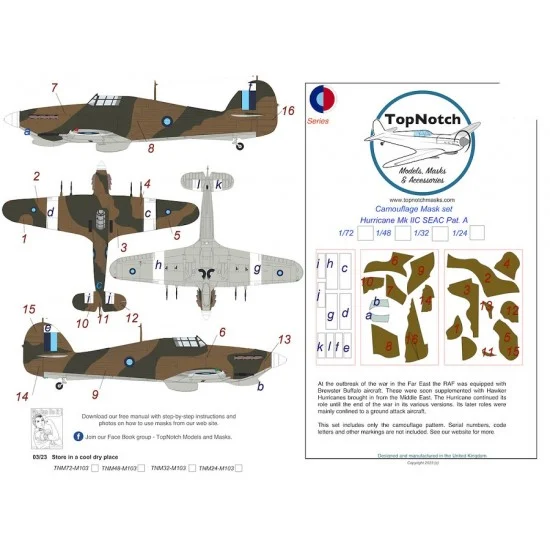 TopNotch 72-M103 1/72 SEAC Hurricane Mk IIC Pattern A Camo Masks