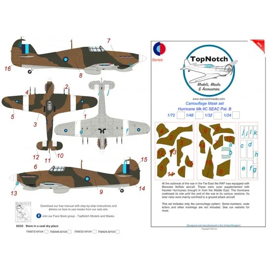 TopNotch 48-M104 1/48 SEAC Hurricane Mk IIC Pattern B Camo Masks
