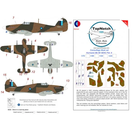 TopNotch 48-M105 1/48 SEAC Hurricane Mk IID Pattern A Camo Masks