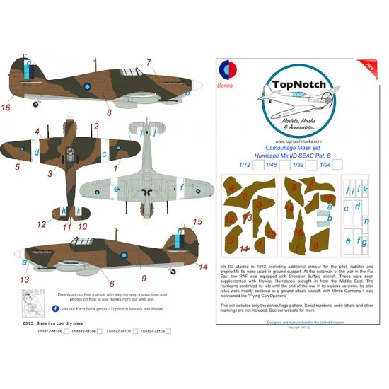 TopNotch 48-M106 1/48 SEAC Hurricane Mk IID Pattern B Camo Masks