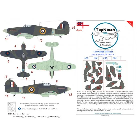 TopNotch 72-M133 1/72 Sea Hurricane - Mk I Pattern A Camo Masks