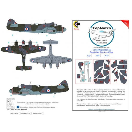 TopNotch 72-M208 1/72 Beaufighter Mid/Late Pattern A Camo Masks