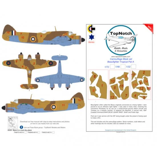 TopNotch 72-M210 1/72 Beaufighter Tropical Pattern A Camo Masks