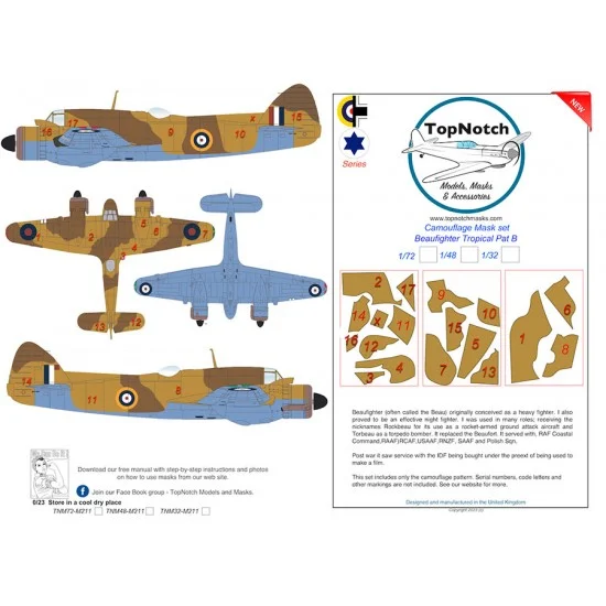 TopNotch 48-M211 1/48 Beaufighter Tropical Pattern B Camo Masks