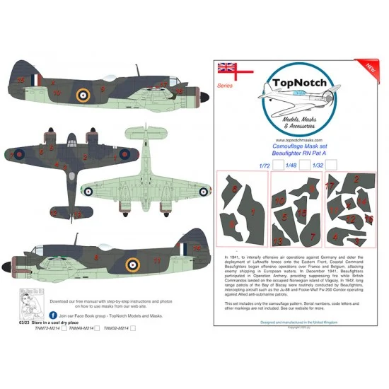 TopNotch 72-M214 1/72 Beaufighter RN Pattern A Camo Masks