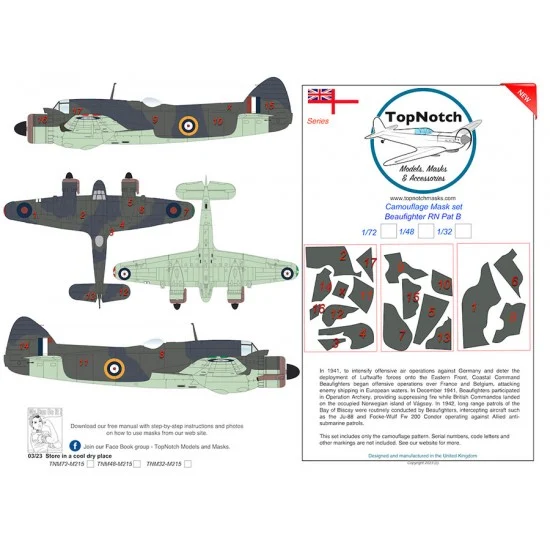 TopNotch 72-M215 1/72 Beaufighter RN Pattern B Camo Masks